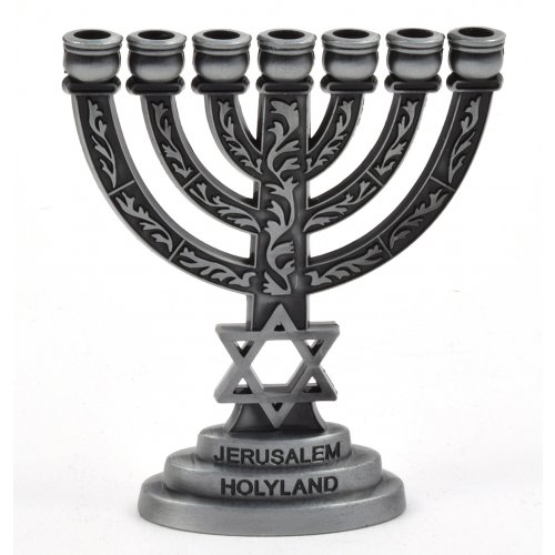 Decorative Miniature 7 Branch Menorah with Star of David, Pewter - 2.7 Inches