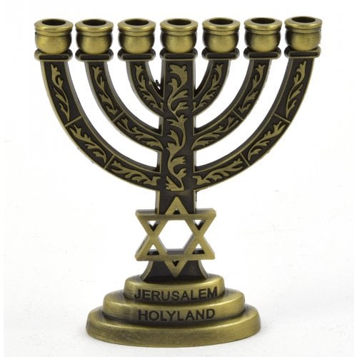 Decorative Miniature 7-Branch Menorah with Star of David, Bronze - 2.7 Inches