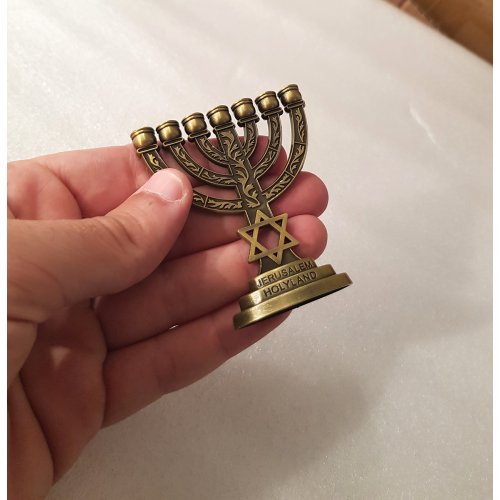 Decorative Miniature 7-Branch Menorah with Star of David, Bronze - 2.7 Inches
