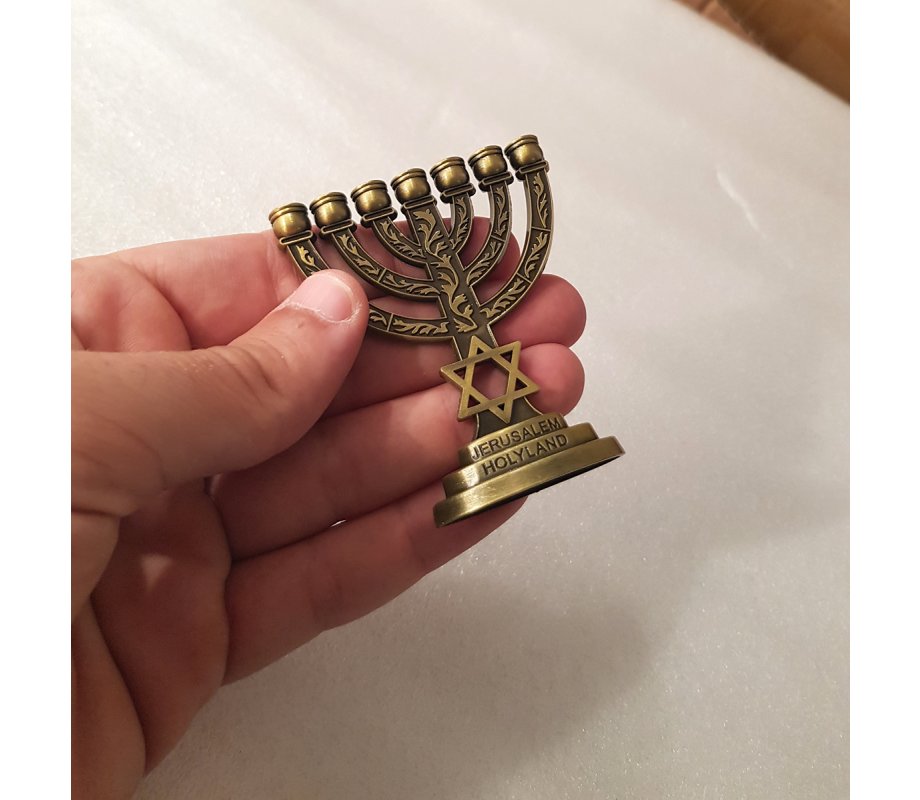 Decorative Miniature 7-Branch Menorah with Star of David, Bronze - 2.7 Inches