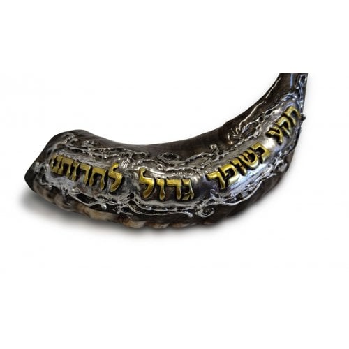 Decorative Rams Horn Shofar, Gold and Silver - Hebrew Words Praying for Freedom