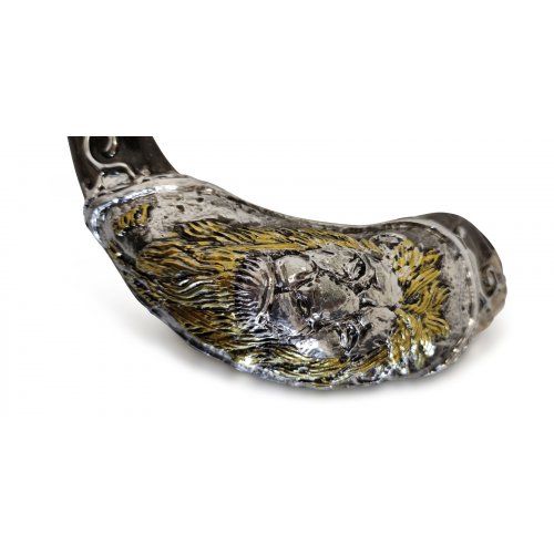 Decorative Rams Horn Shofar, Gold and Silver - Raised Lion of Judah Image