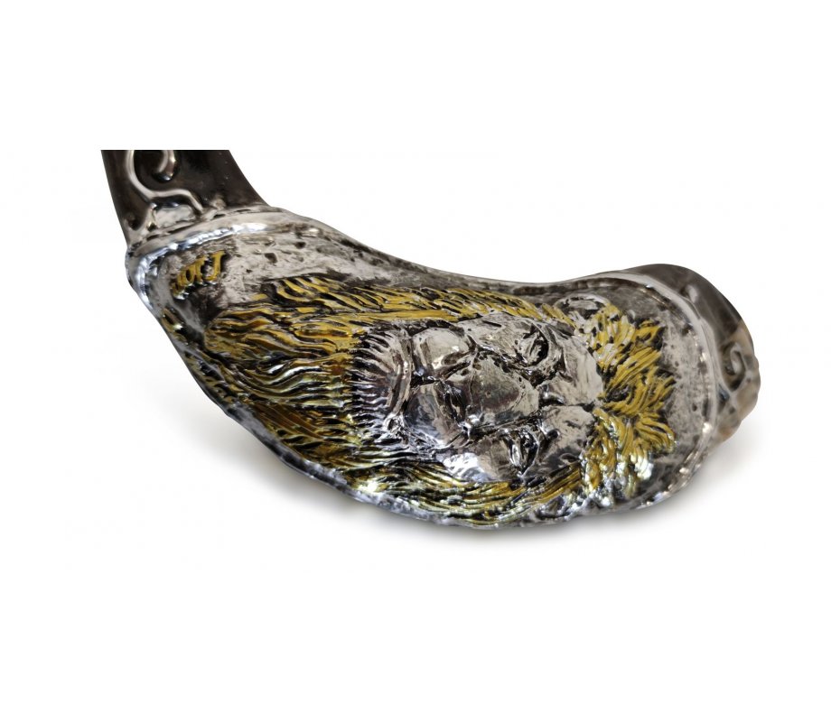 Decorative Rams Horn Shofar, Gold and Silver - Raised Lion of Judah Image