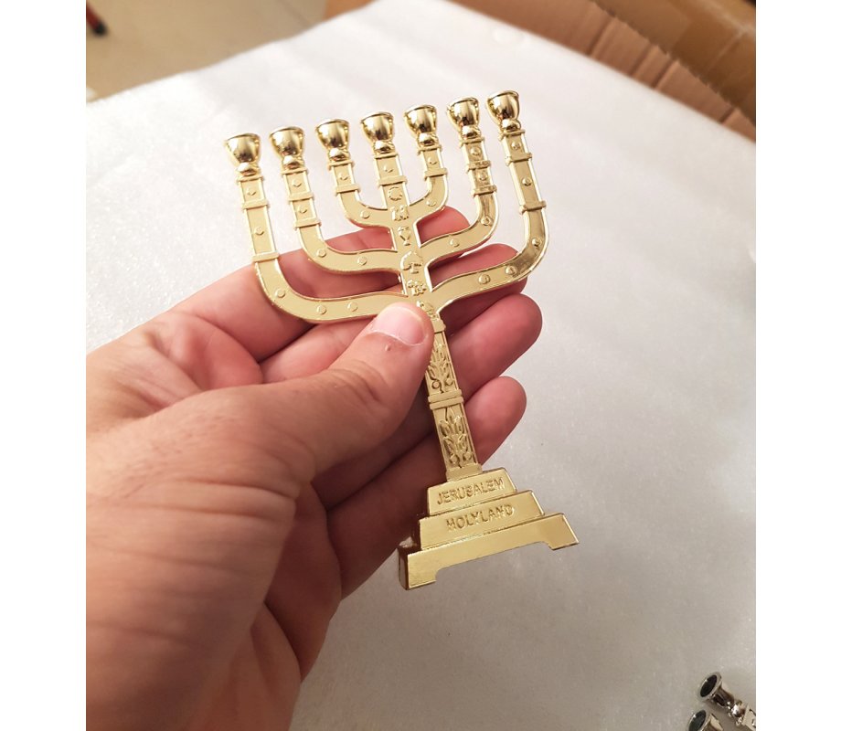 Decorative Seven Branch Mini Menorah with Judaic Emblems, Gold - 7