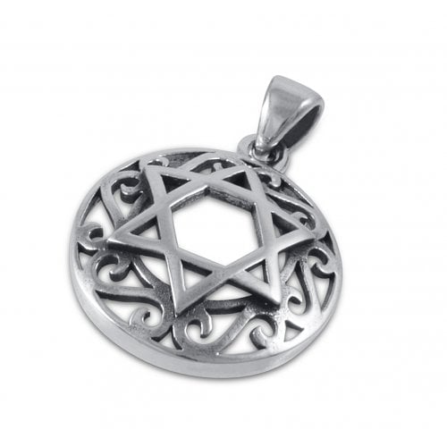 Decorative Star of David with Swirls Sterling Silver Pendant Necklace