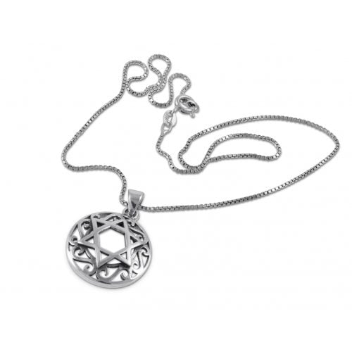 Decorative Star of David with Swirls Sterling Silver Pendant Necklace