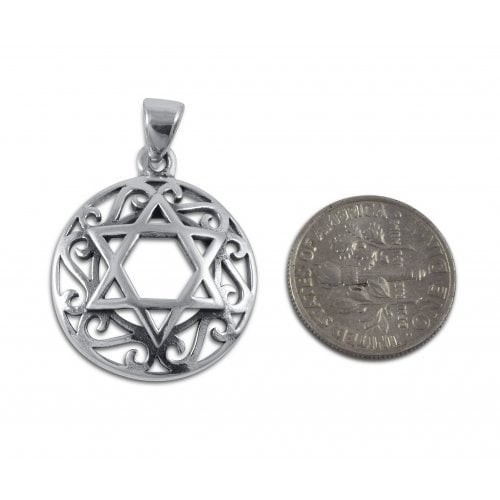 Decorative Star of David with Swirls Sterling Silver Pendant Necklace