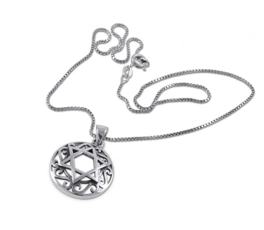 Decorative Star of David with Swirls Sterling Silver Pendant Necklace