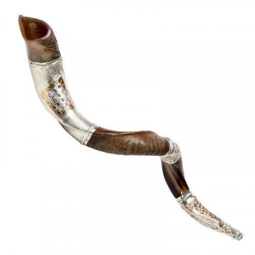 Decorative Yemenite Shofar - Sterling Silver Choshen, Menorah, Olives