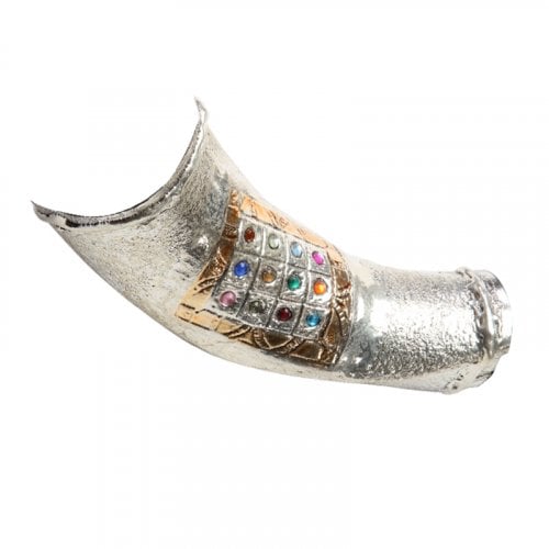 Decorative Yemenite Shofar - Sterling Silver Choshen, Menorah, Olives