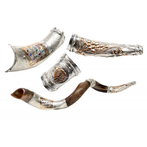 Decorative Yemenite Shofar - Sterling Silver Choshen, Menorah, Olives