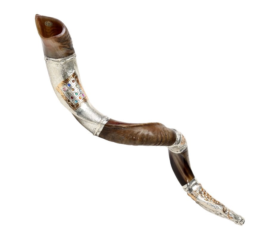 Decorative Yemenite Shofar - Sterling Silver Choshen, Menorah, Olives
