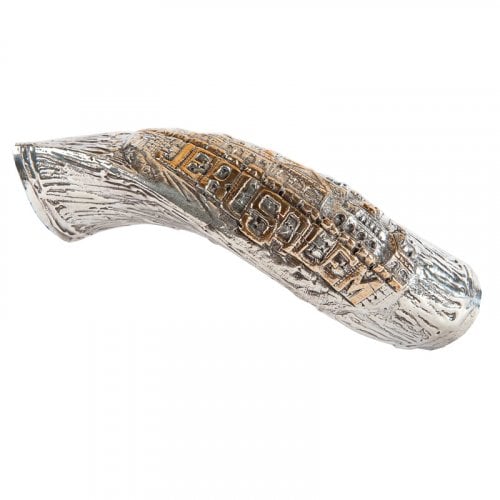 Decorative Yemenite Shofar with Sterling Silver Jerusalem and Olive Images