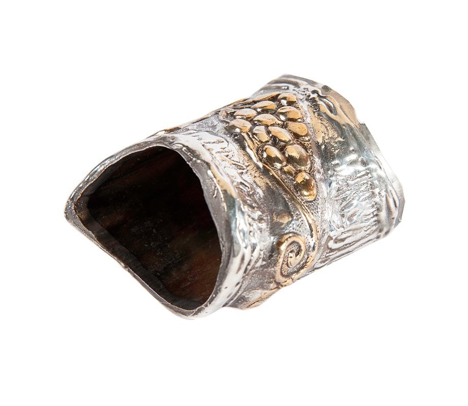 Decorative Yemenite Shofar with Sterling Silver Jerusalem and Olive Images