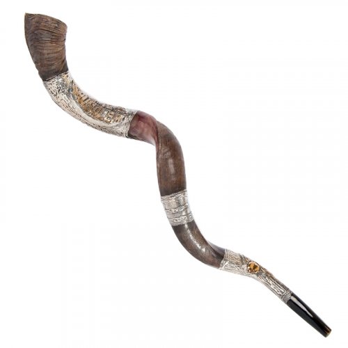 Decorative Yemenite Shofar with Sterling Silver Jerusalem and Pomegranate Images