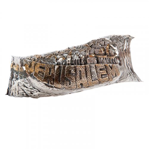 Decorative Yemenite Shofar with Sterling Silver Jerusalem and Pomegranate Images