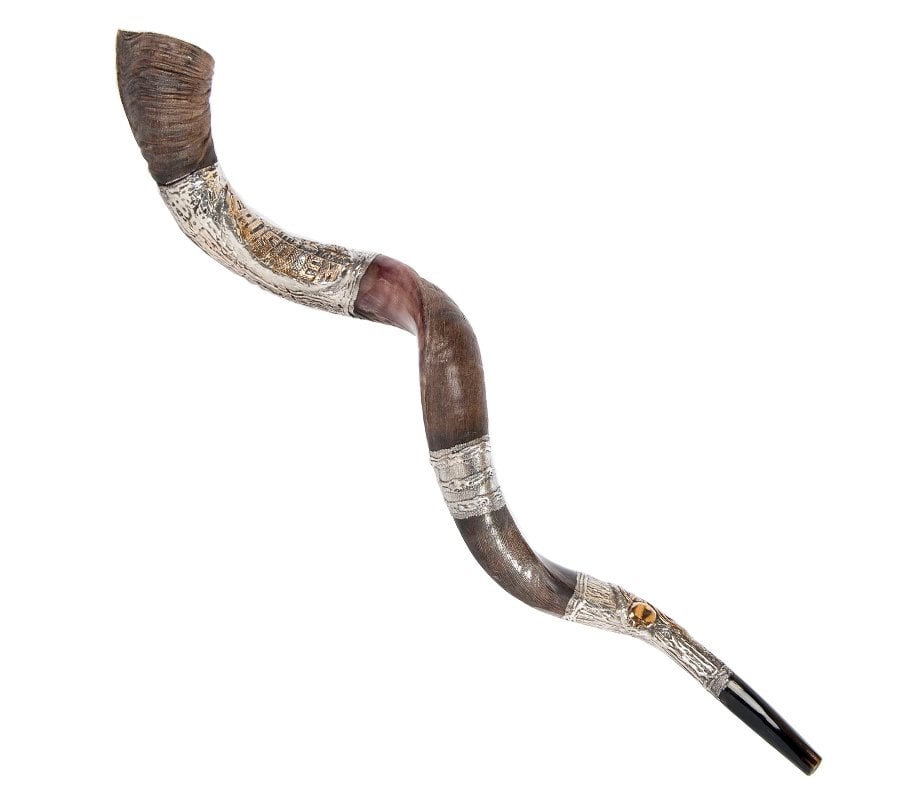 Decorative Yemenite Shofar with Sterling Silver Jerusalem and Pomegranate Images