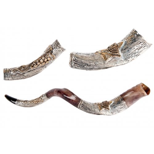 Decorative Yemenite Shofar with Sterling Silver with Menorah, Star of David and Olives