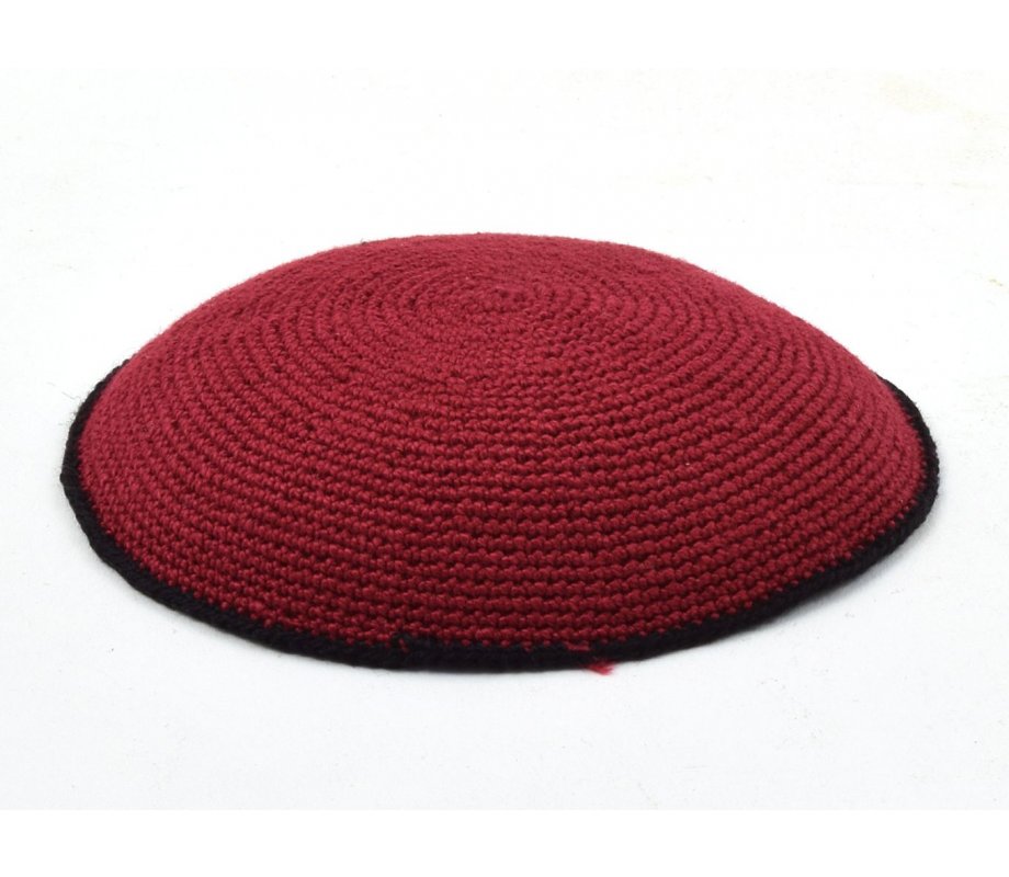 Deep Maroon with Black Border - Hand Knitted DMC Cotton Kippah