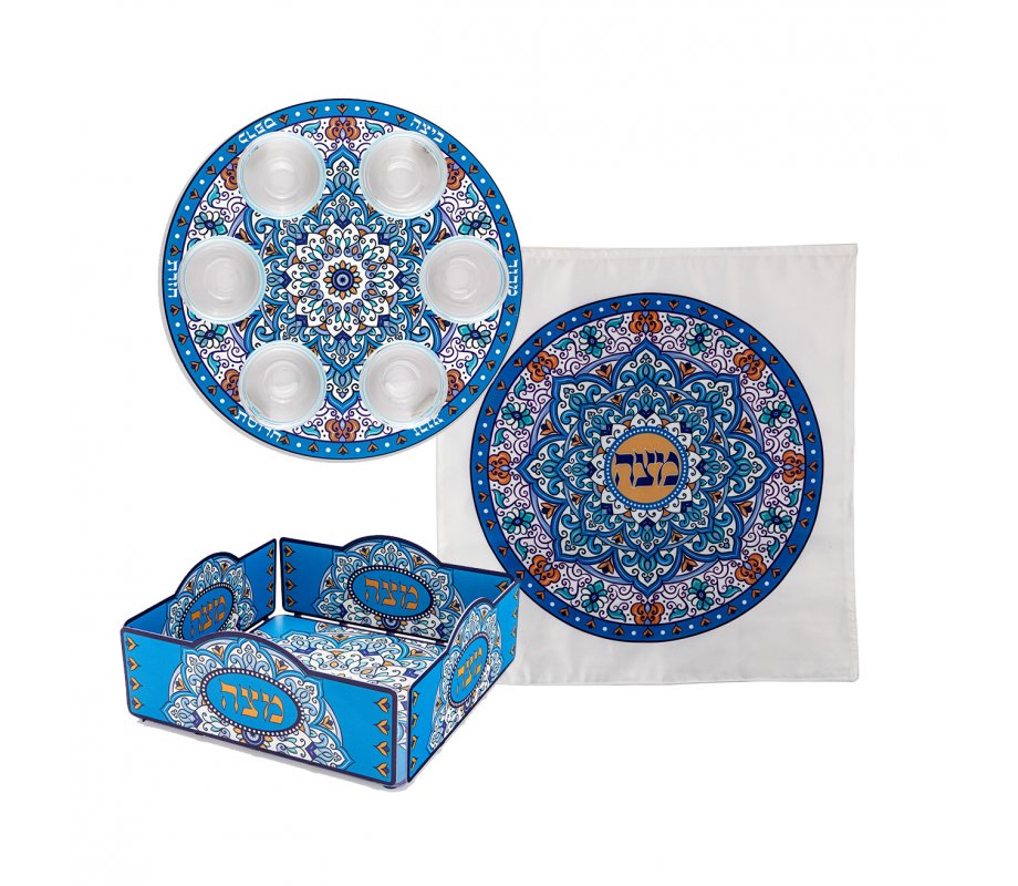 Dorit Judaica 3-Piece Pesach Set with Plate & Cover & Tray - Blue Orange Mandala