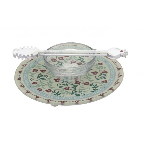 Dorit Judaica 3-Piece Set of Honey Dish, Plate and Dipper - Pomegranates