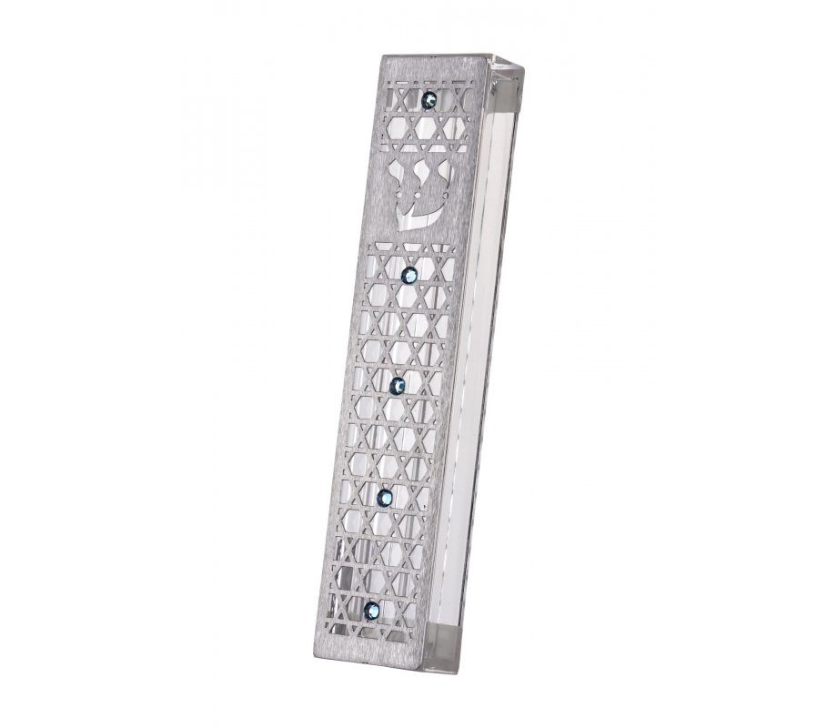 Dorit Judaica Acrylic Mezuzah Case, Cutout Stars of David - Blue Crystals