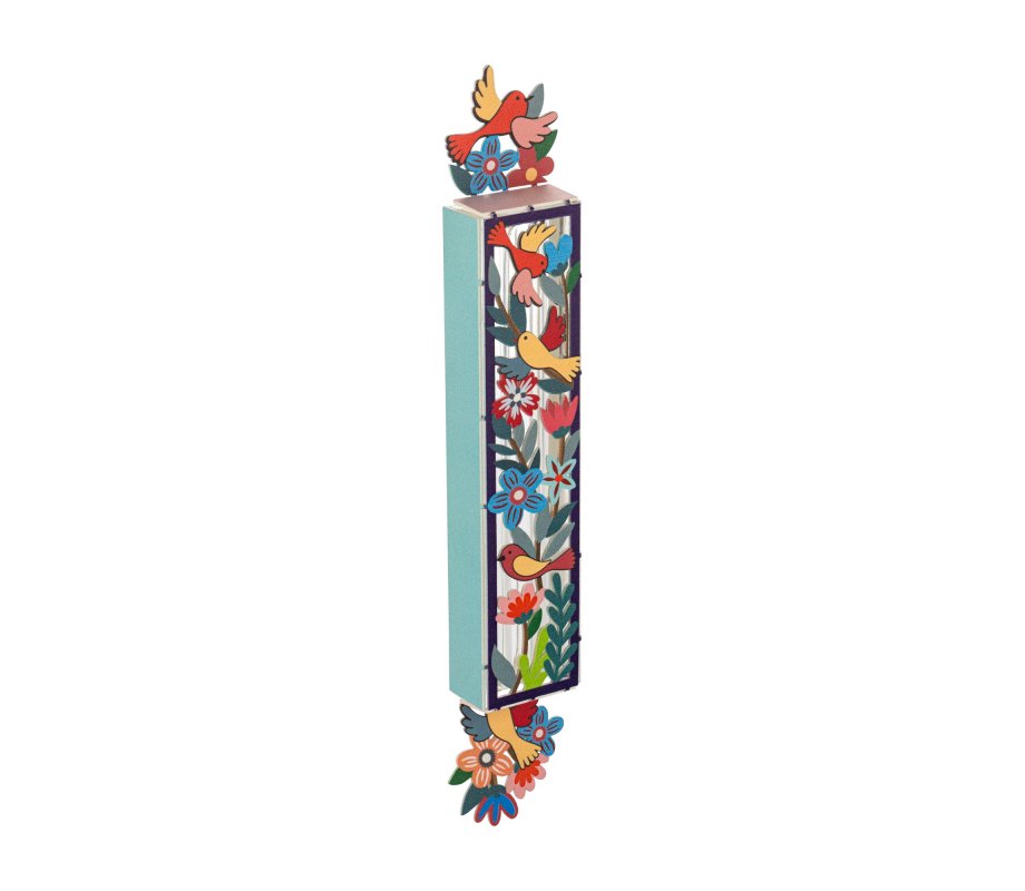 Dorit Judaica Acrylic Mezuzah Case, Colorful Birds and Flowers