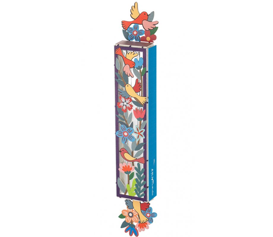 Dorit Judaica Acrylic Mezuzah Case, Colorful Birds and Flowers