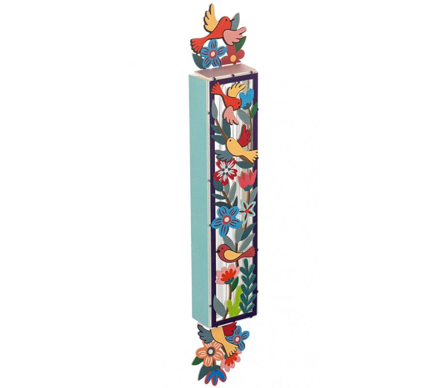 Dorit Judaica Acrylic Mezuzah Case, Colorful Birds and Flowers