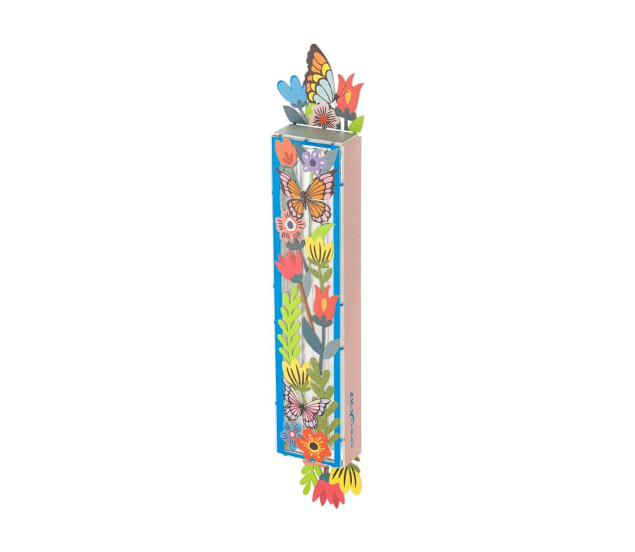 Dorit Judaica Acrylic Mezuzah Case, Colorful Butterflies and Flowers