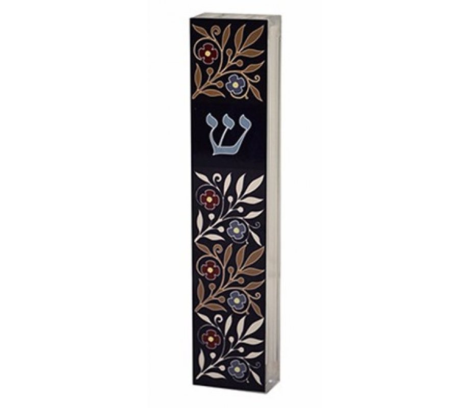 Dorit Judaica Acrylic Mezuzah Case, Flowers on Blue