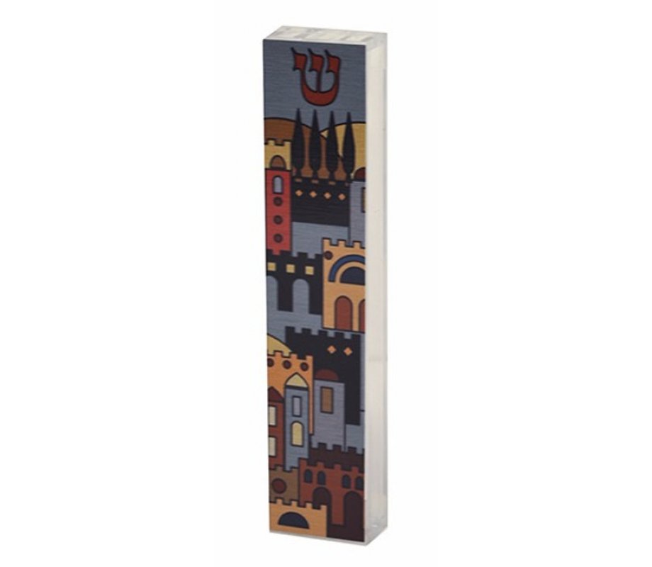 Dorit Judaica Acrylic Mezuzah Case, Lively Jerusalem Design
