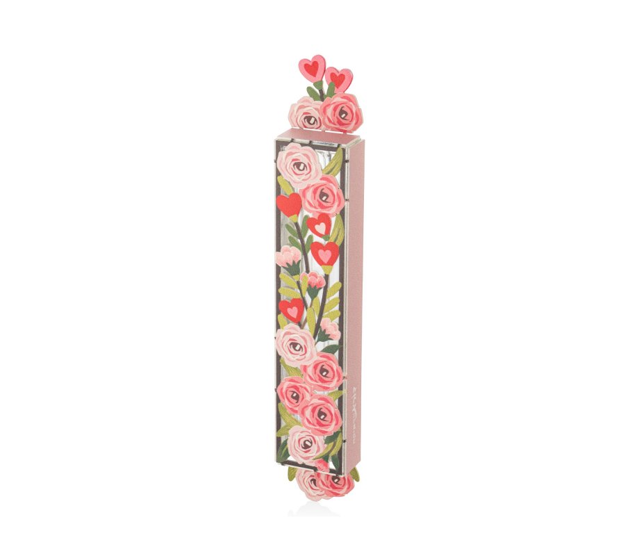 Dorit Judaica Acrylic Mezuzah Case, Pastel Roses and Hearts
