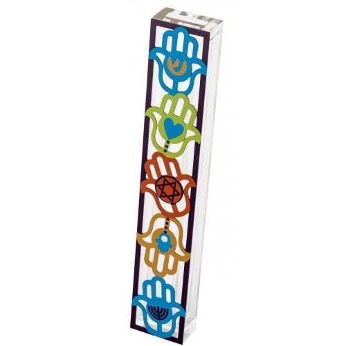 Dorit Judaica Acrylic Mezuzah Case with Colorful Hamsa Design