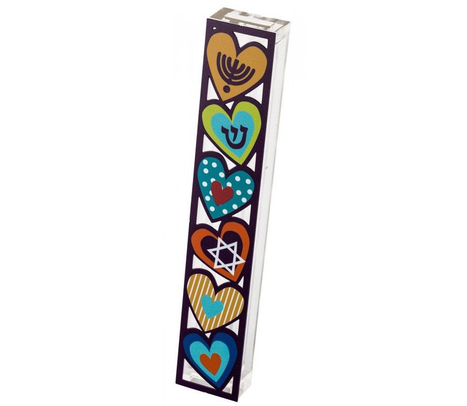 Dorit Judaica Acrylic Mezuzah Case with Colorful Heart Design