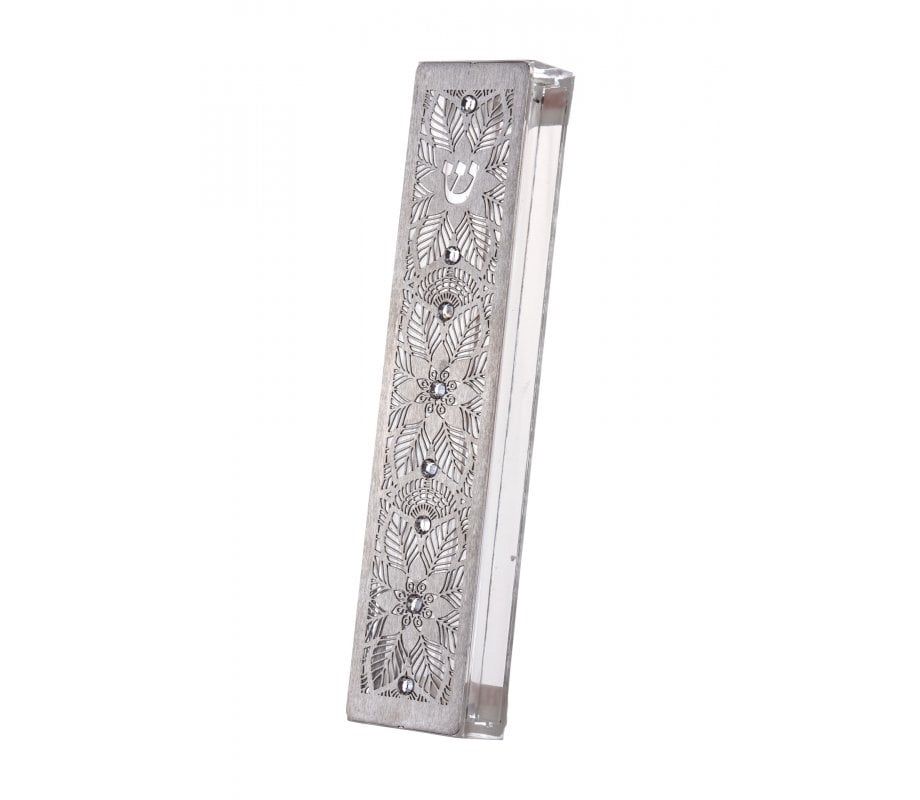 Dorit Judaica Acrylic Steel Mezuzah Case, Cutout Leaf Design - Clear Crystals