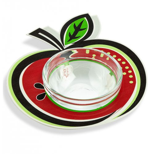 Dorit Judaica Apple Shaped Honey Dish with Glass Bowl - Red Black and Green