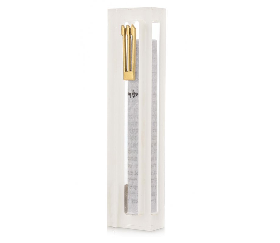 Dorit Judaica Clear Acrylic Mezuzah Case - White Frame with Gold Shin
