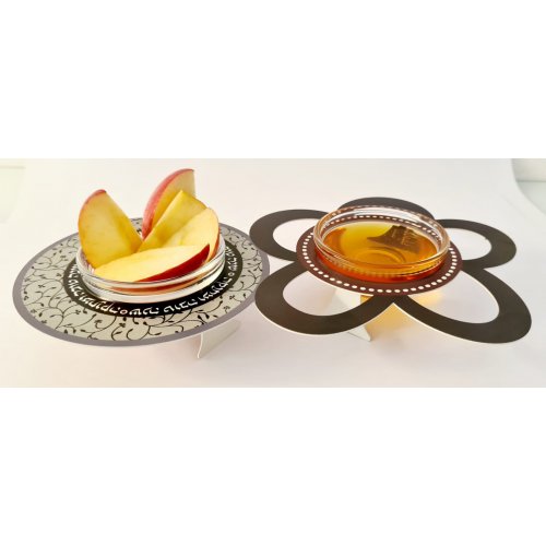 Dorit Judaica Combined Honey and Apple Dish with Glass Bowls - Floral Design