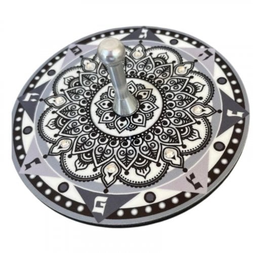 Dorit Judaica Decorative Sparkling Dreidel with Stand - Black and White Mandala