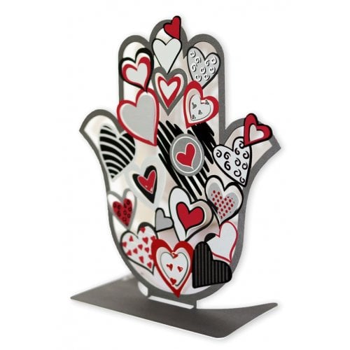 Dorit Judaica Free Standing Hamsa Sculpture, Red White and Black Hearts