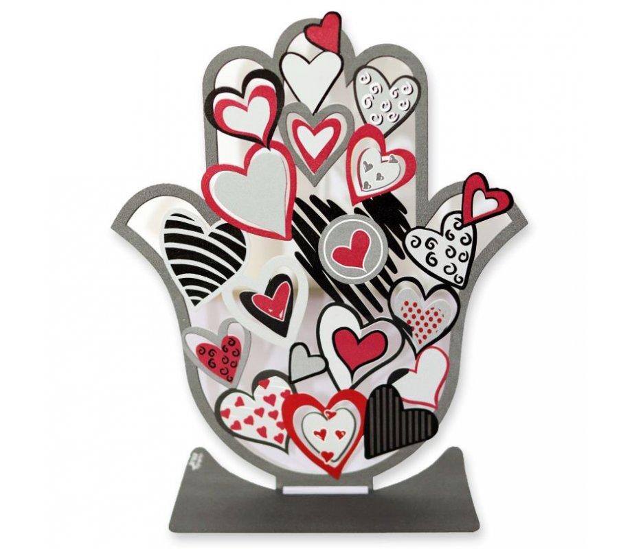 Dorit Judaica Free Standing Hamsa Sculpture, Red White and Black Hearts
