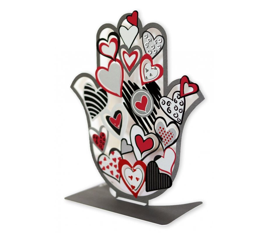 Dorit Judaica Free Standing Hamsa Sculpture, Red White and Black Hearts