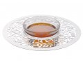 Dorit Judaica Glass and Stainless Steel Honey Dish with Spoon - Etched Pomegranates