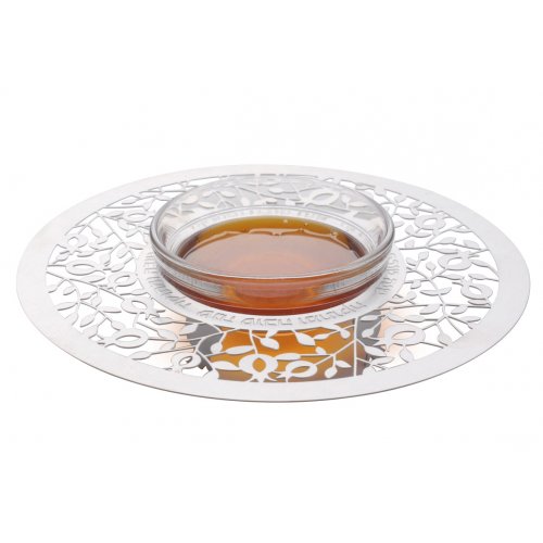 Dorit Judaica Glass and Stainless Steel Honey Dish with Spoon - Etched Pomegranates