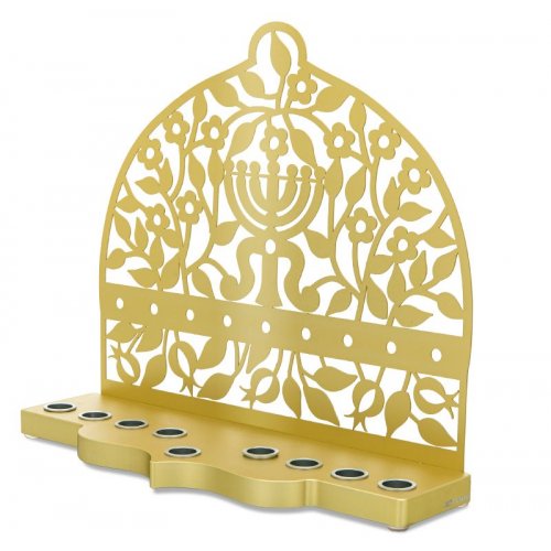 Dorit Judaica Gold Aluminum Chanukah Menorah - Flowers, Pomegranates and Menorah