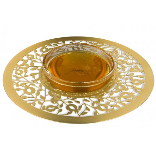 Dorit Judaica Gold Plated Honey Dish, Glass Bowl - Open Pomegranates