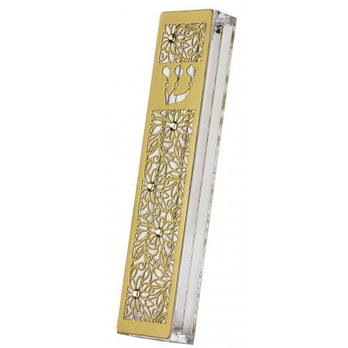 Dorit Judaica Gold Stainless Steel Acrylic Mezuzah Case, Crystal - Flower Design