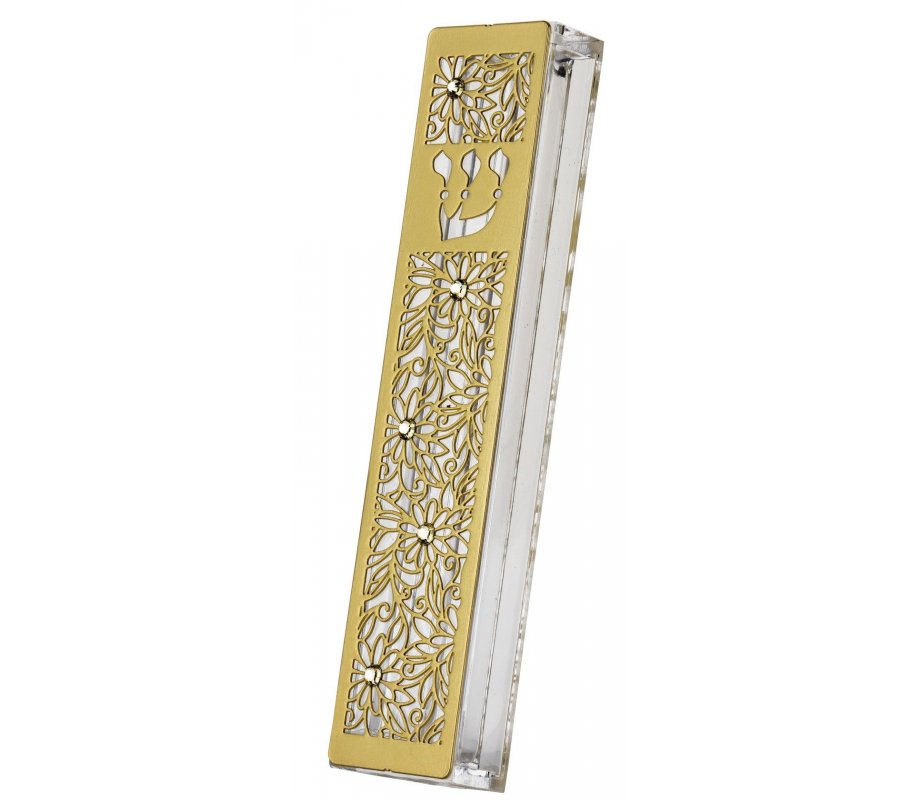 Dorit Judaica Gold Stainless Steel Acrylic Mezuzah Case, Crystal - Flower Design