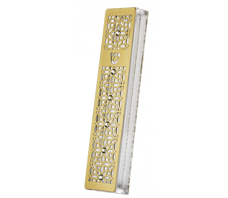 Dorit Judaica Gold Stainless Steel Acrylic Mezuzah Case, Crystals - Petal Design